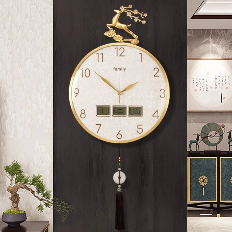 horloge murale moderne ornement cerf cadre doré aiguilles tissu noir pompon nouveau chinois