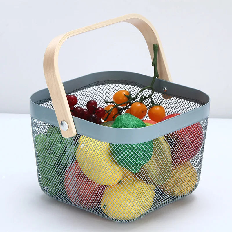 panier maille métallique moderne poignée bois prune citron peche pomme vert noir rose