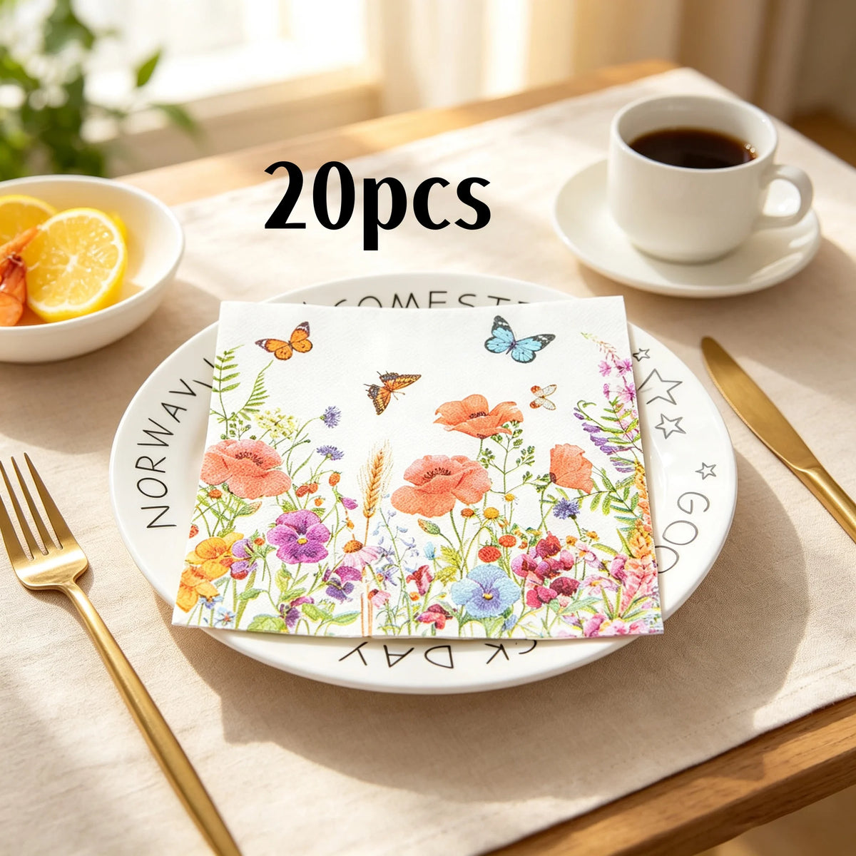 serviettes papier multicolores fleurs papillons illustration mariage anniversaire décoration table thé