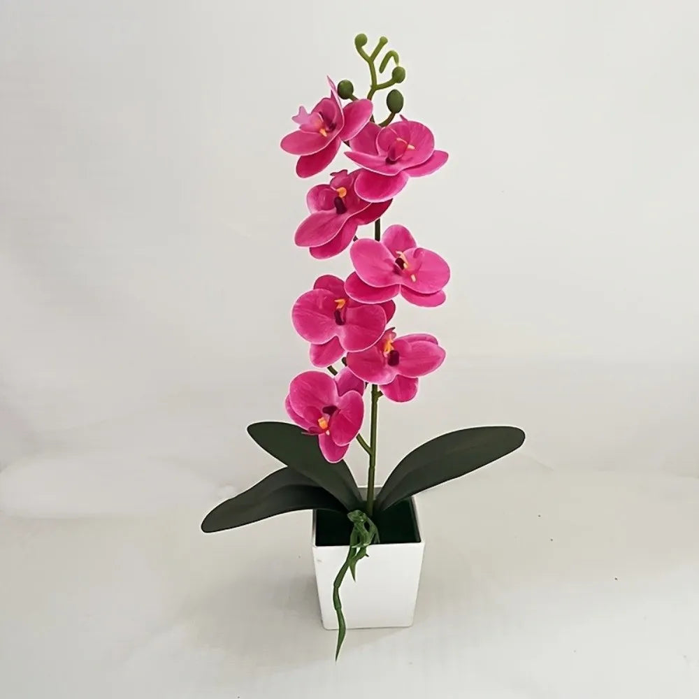 décoration intérieure orchidées artificielles fuchsia jaune blanc modernes bouquet feuilles vertes pot carré