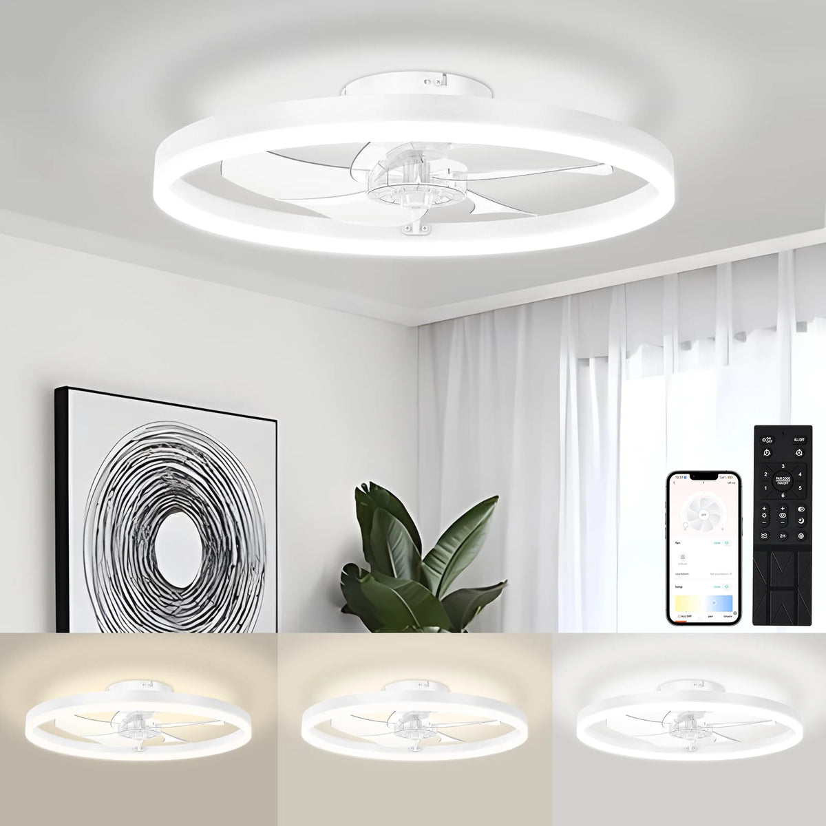 ventilateur led noir blanc moderne télécommande variateur intensité lumineuse minimaliste