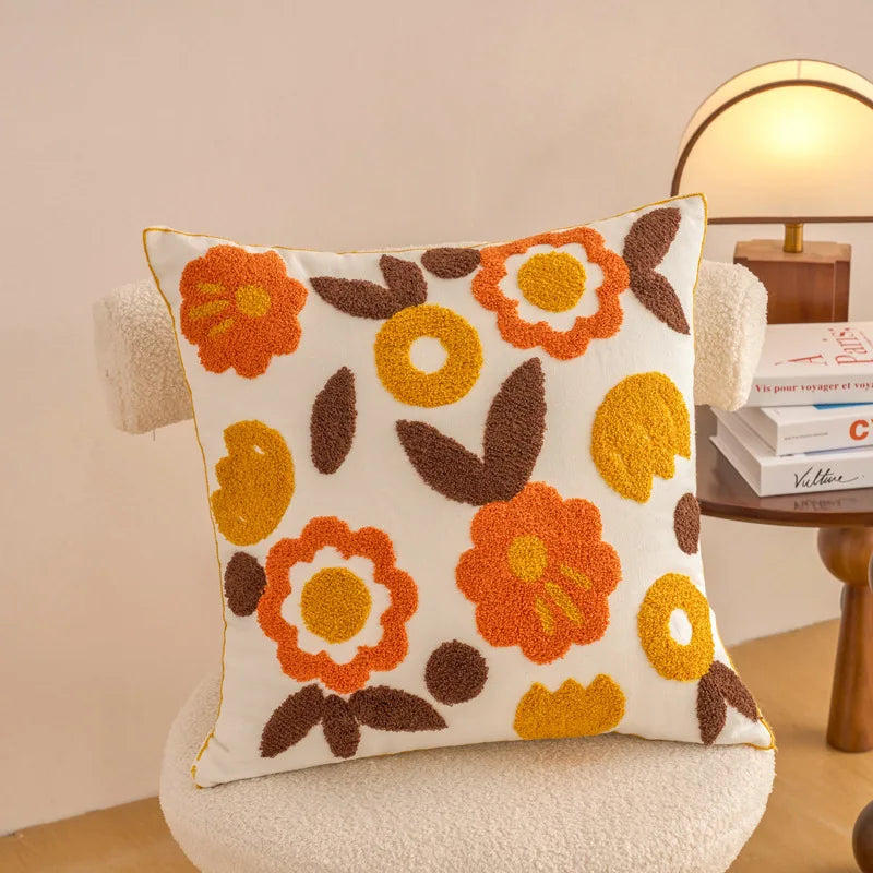 housse coussin décorative motif floral brodé moderne canapé salon lit maison blanc