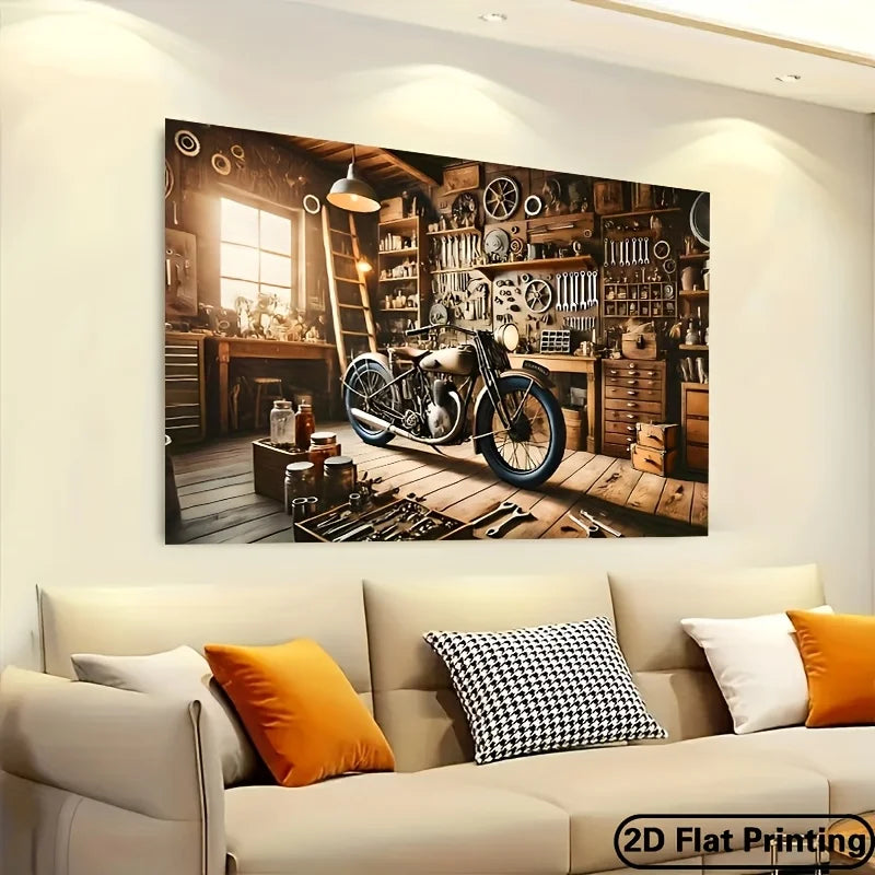 affiche atelier vintage moto outils décoration murale noire blanche marron verteSizeMode59x79in71x91in