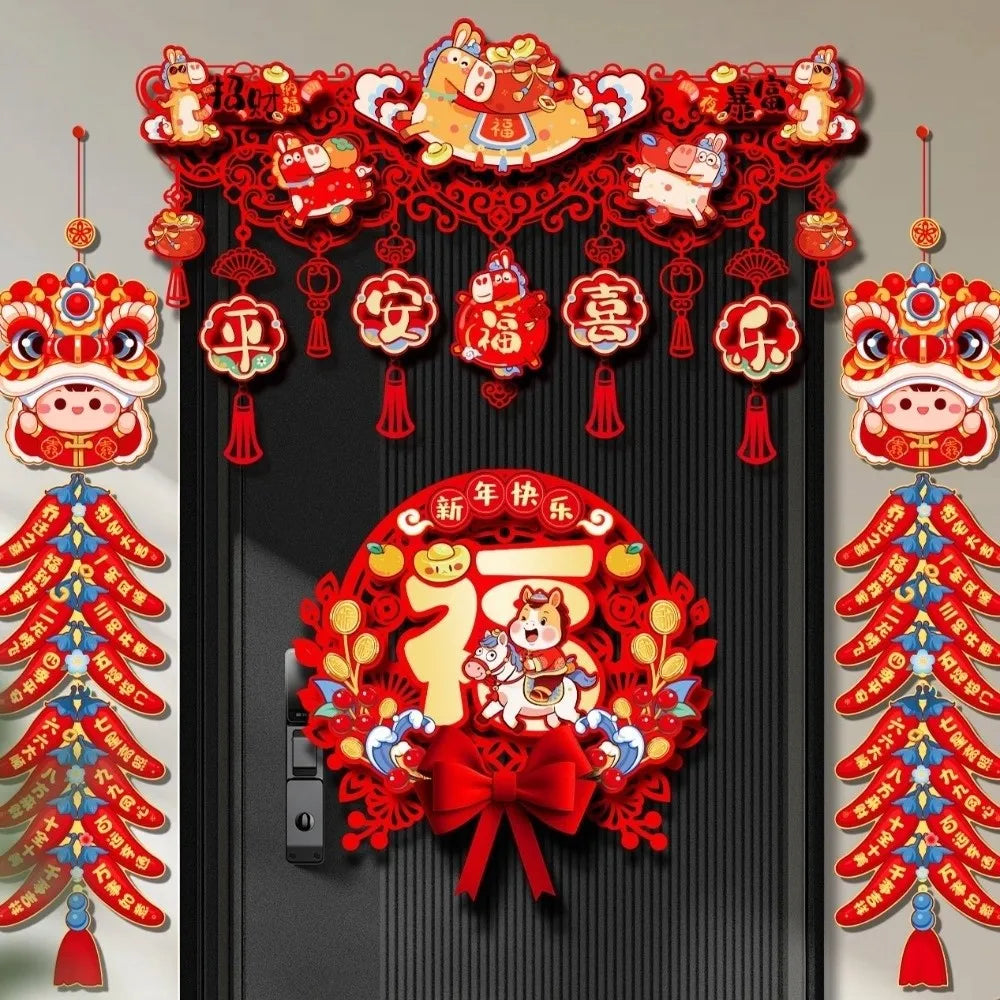 décoration murale chinoise rouge blanche bleue personnages animaux motifs floraux caractères chinois
