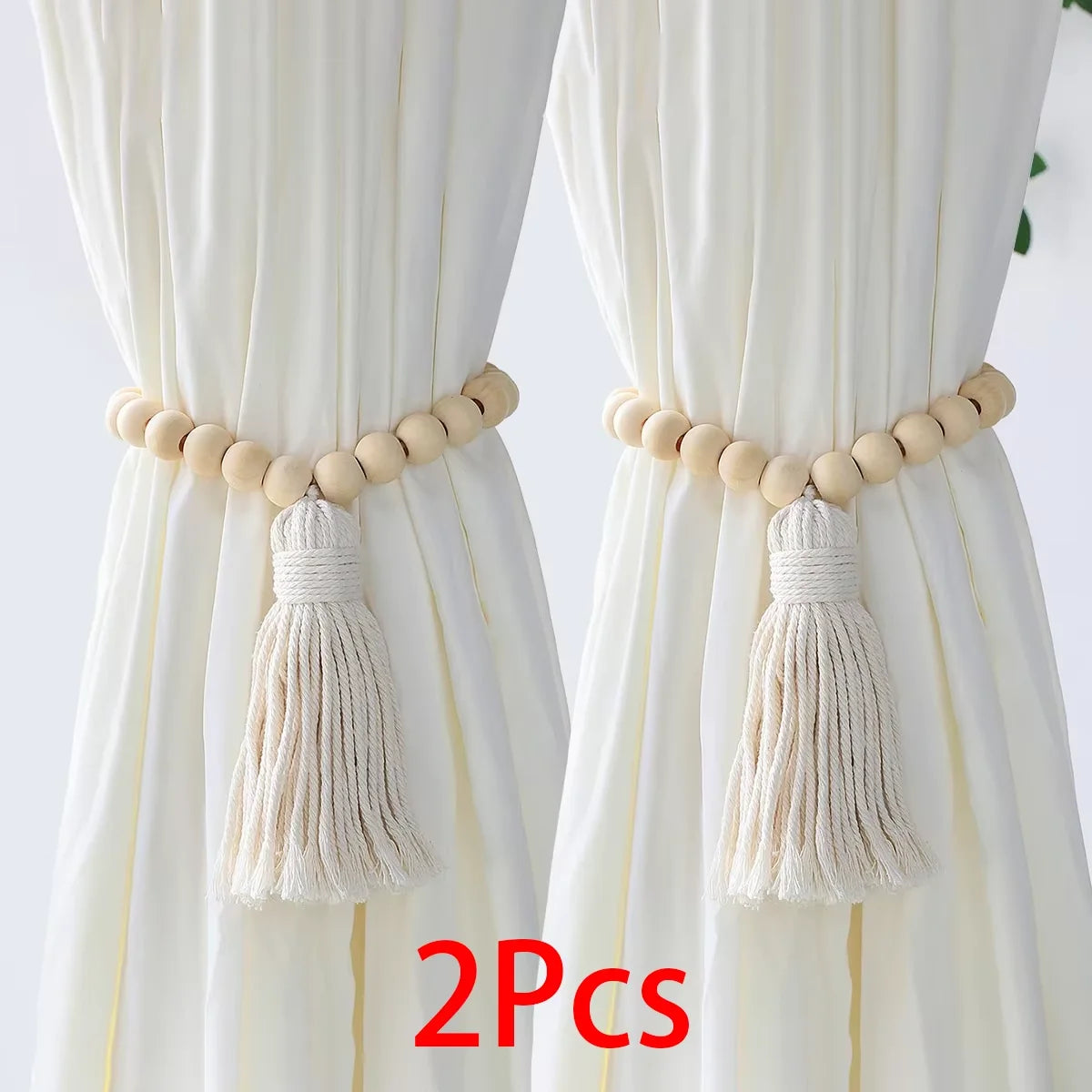 rideau boho blanc rayures verticales macramé bois pompons coton