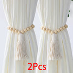 rideau boho blanc rayures verticales macramé bois pompons coton