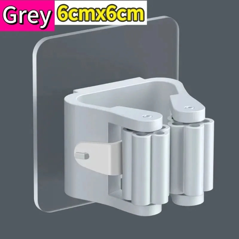 porte balai adhésif transparent blanc gris moderne support mops clips rangement cuisine salle bains