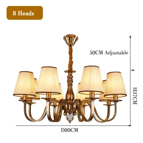 chandelier bronze classique suspension lumière abat jours tissu texturé courbes salle manger