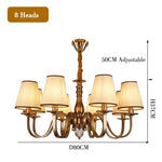 chandelier bronze classique suspension lumière abat jours tissu texturé courbes salle manger
