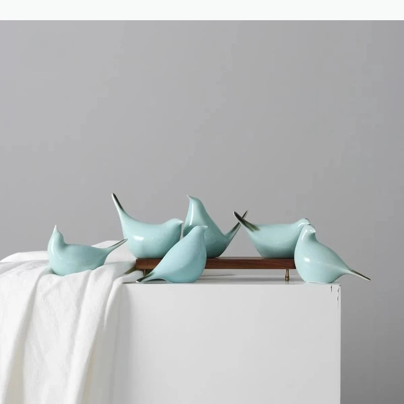 statue oiseau céramique moderne lisse bleu clair blanc