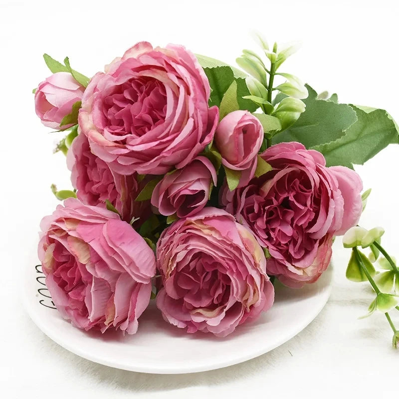 décoration intérieure bouquet fleurs artificielles roses feuilles romantique blanc rose vert mariage anniversaire