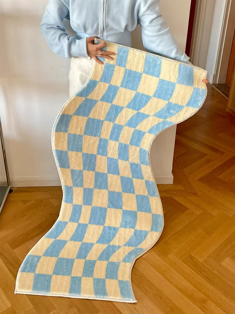 tapis ondulé checkerboard contemporain rose bleu duveteux antidérapant extérieur chambre