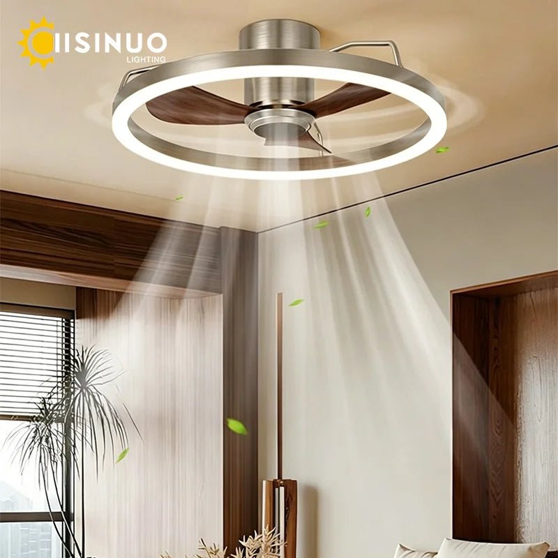 ventilateur lampe led moderne argenté bois foncé vitesses télécommande infinite dimming