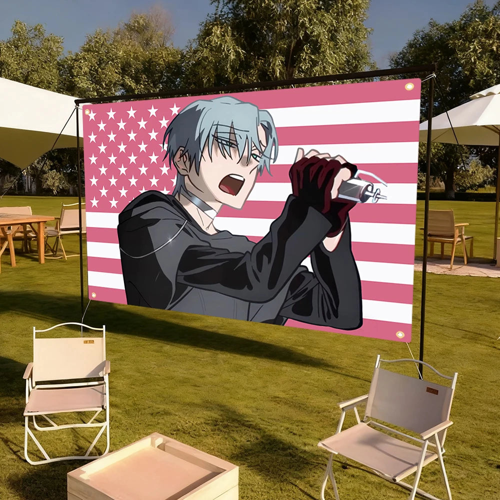 écran projection moderne drapeau américain personnage animé vert rose blanc bleu