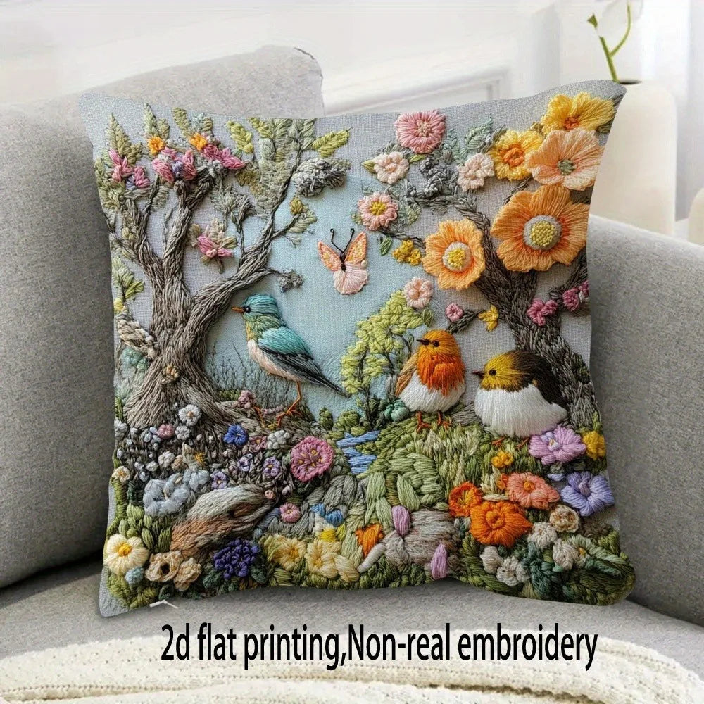 coussin brodé oiseaux fleurs artisanal maison polyester bleu marron vert orange Jaune rose blanc