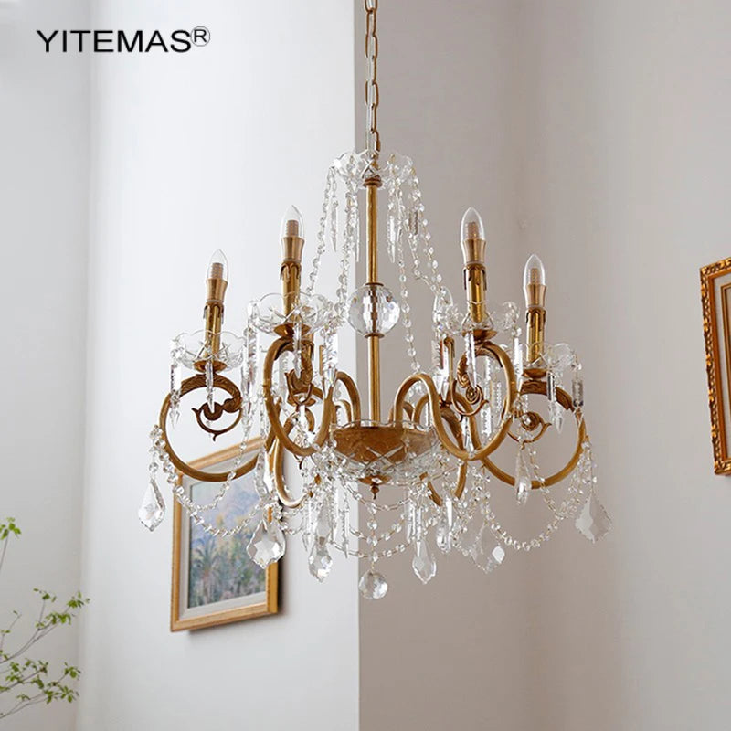 lustre suspendu doré ornements floraux cristal transparent classique ampoules chaîne pendeloques