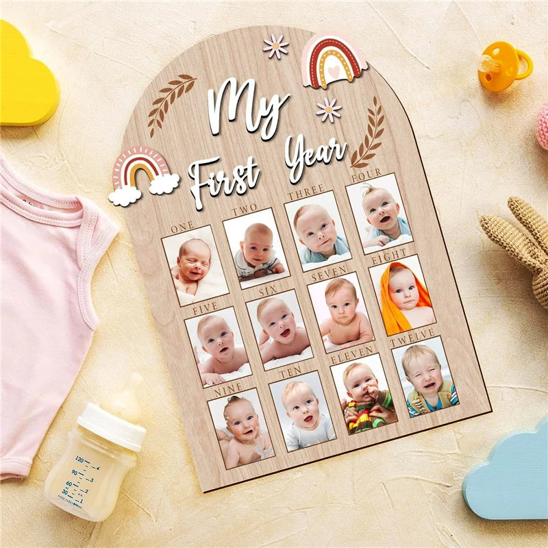 cadre photo mural bois floral moderne bébé anniversaire 12 mois my first year números