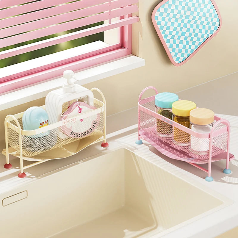 organisateur vaisselle moderne maille métallique rangement vaisselle distributeur savon bouteille détergent cuisine beige rose