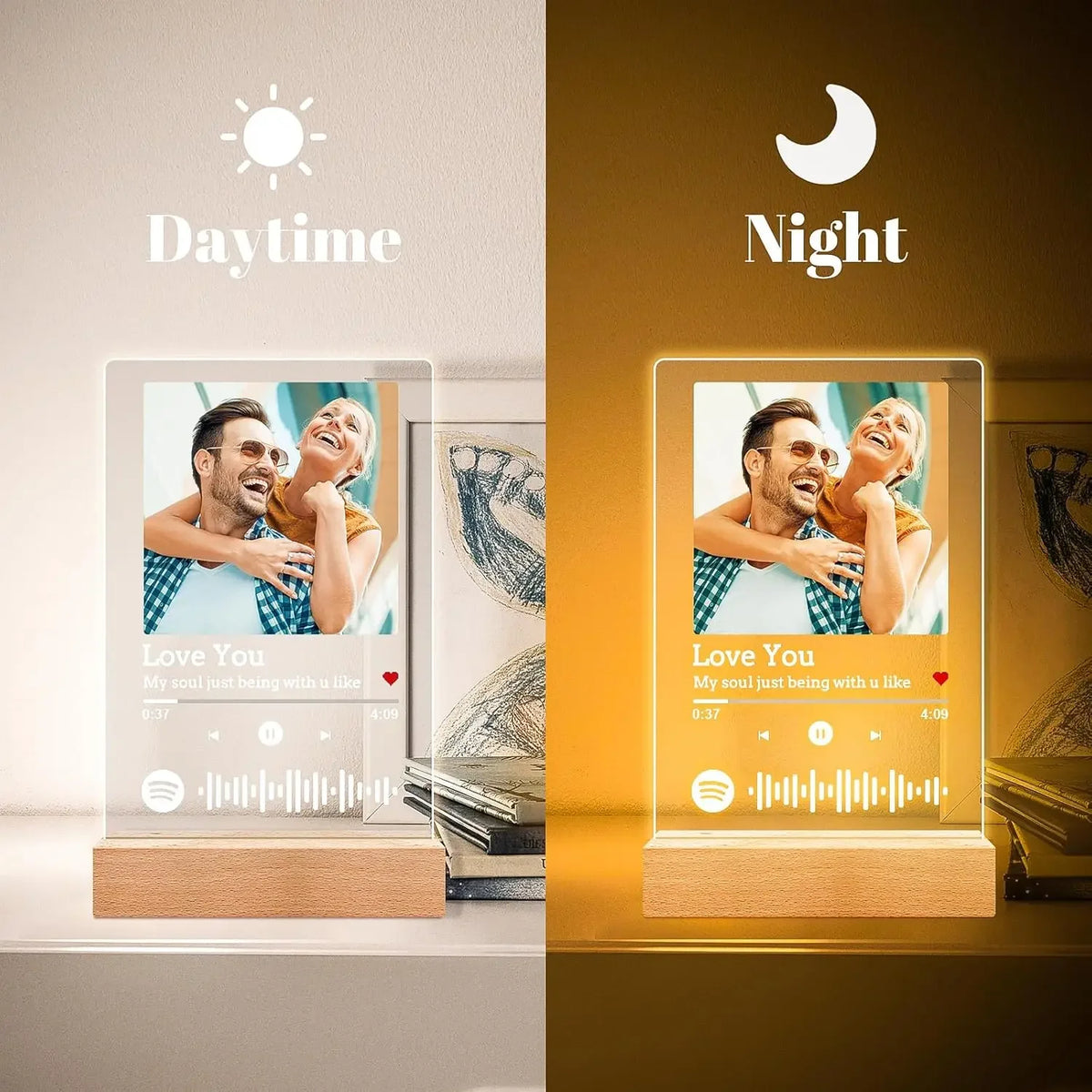 Cadre photo coeur personnalisé avec veilleuse LED rose