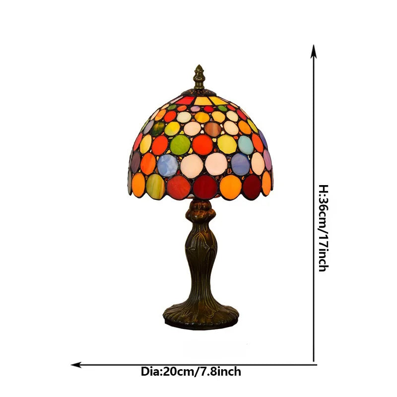 lampe table tiffany multicolore verre translucide abat jour motifs circulaires base sculptée vintage 36cm