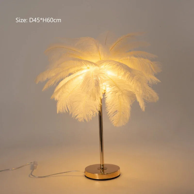 lampe sol moderne plumes blanches dorées bleu turquoise LED éclairage intérieur chambre salon élégant