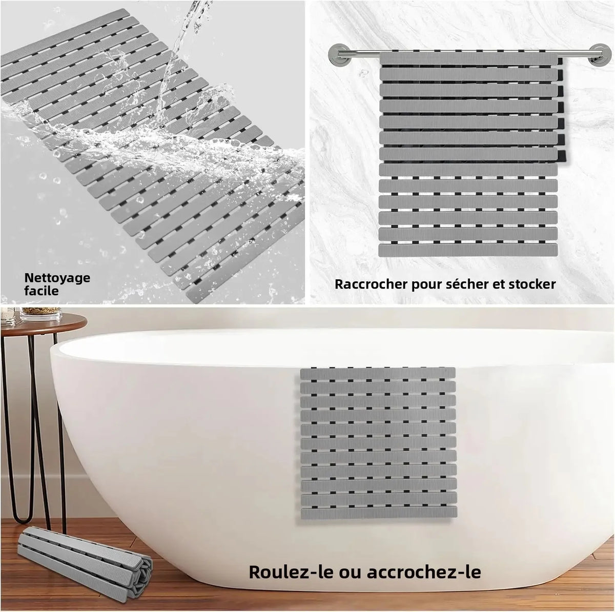 tapis bain antidérapant moderne 40x70cm lattes horizontales texturé ouvertures adhésifs salle bain