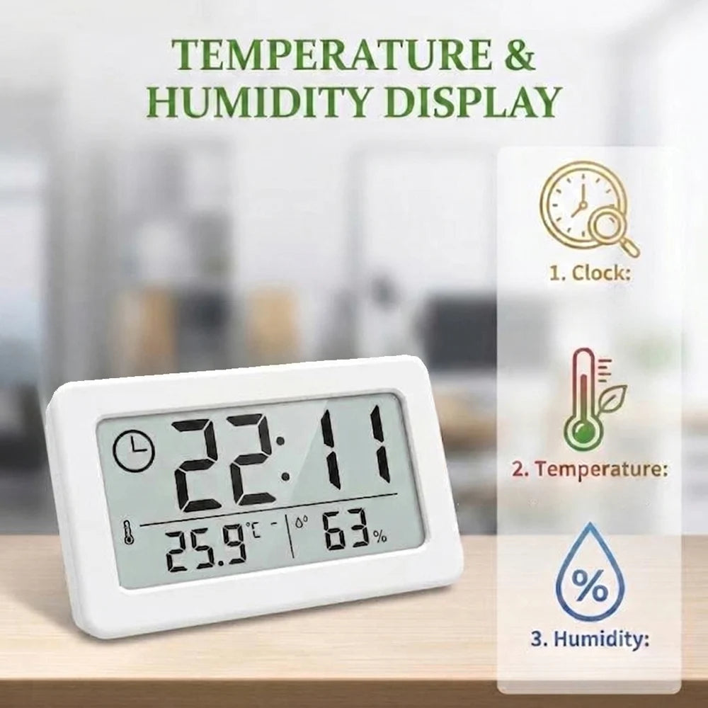 thermomètre hygromètre horloge numérique moderne blanc vert écran transparent table mur cuisine chambre salon