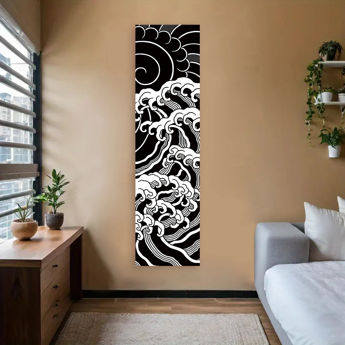 décoration murale moderne vague stylisée soleil stylisé texte japonais opaque rouge noir blanc chambre