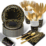 assiettes noires points dorés cuillères fourchettes couteaux gobelets serviettes tablecloth festif jetables moderne