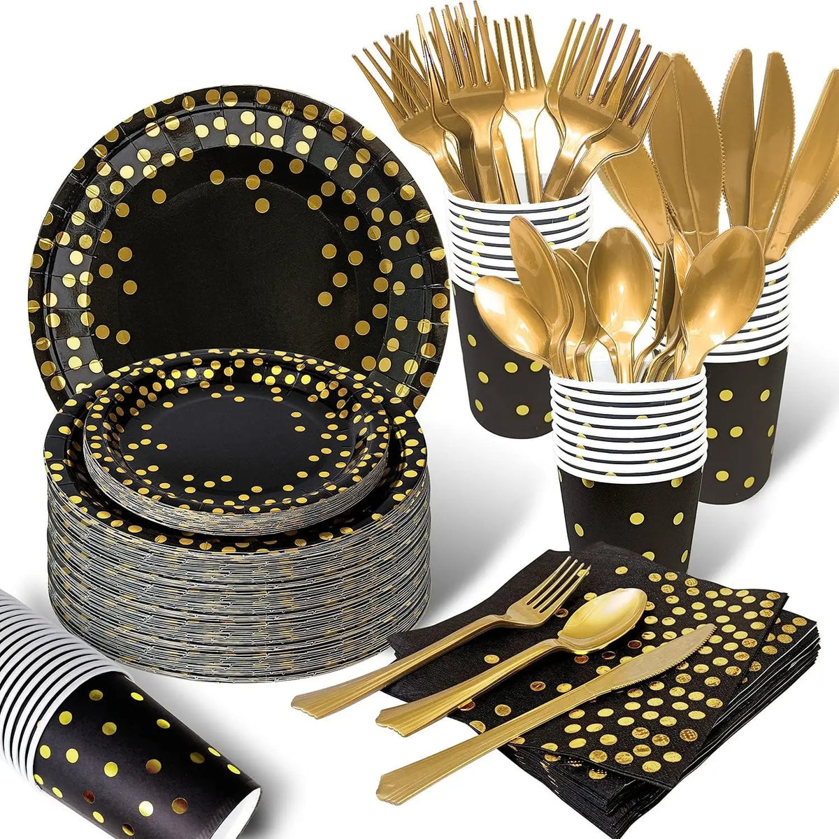 assiettes noires points dorés cuillères fourchettes couteaux gobelets serviettes tablecloth festif jetables moderne