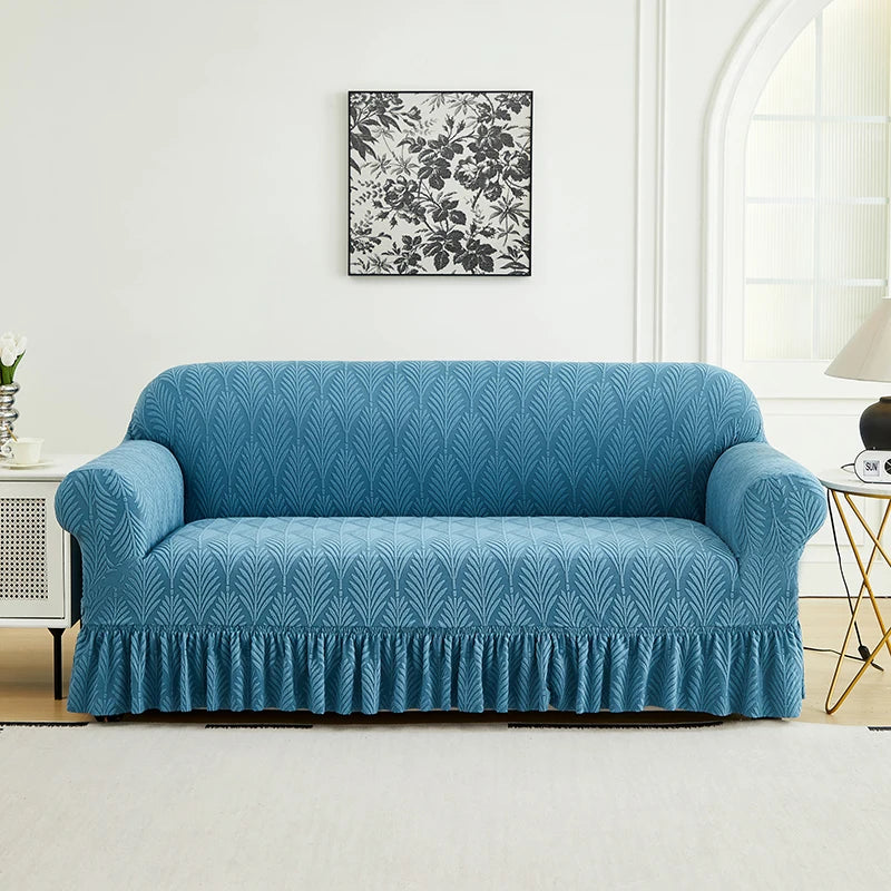 housse canapé gris clair jacquard motif feuilles stylisées élastique protection banc
