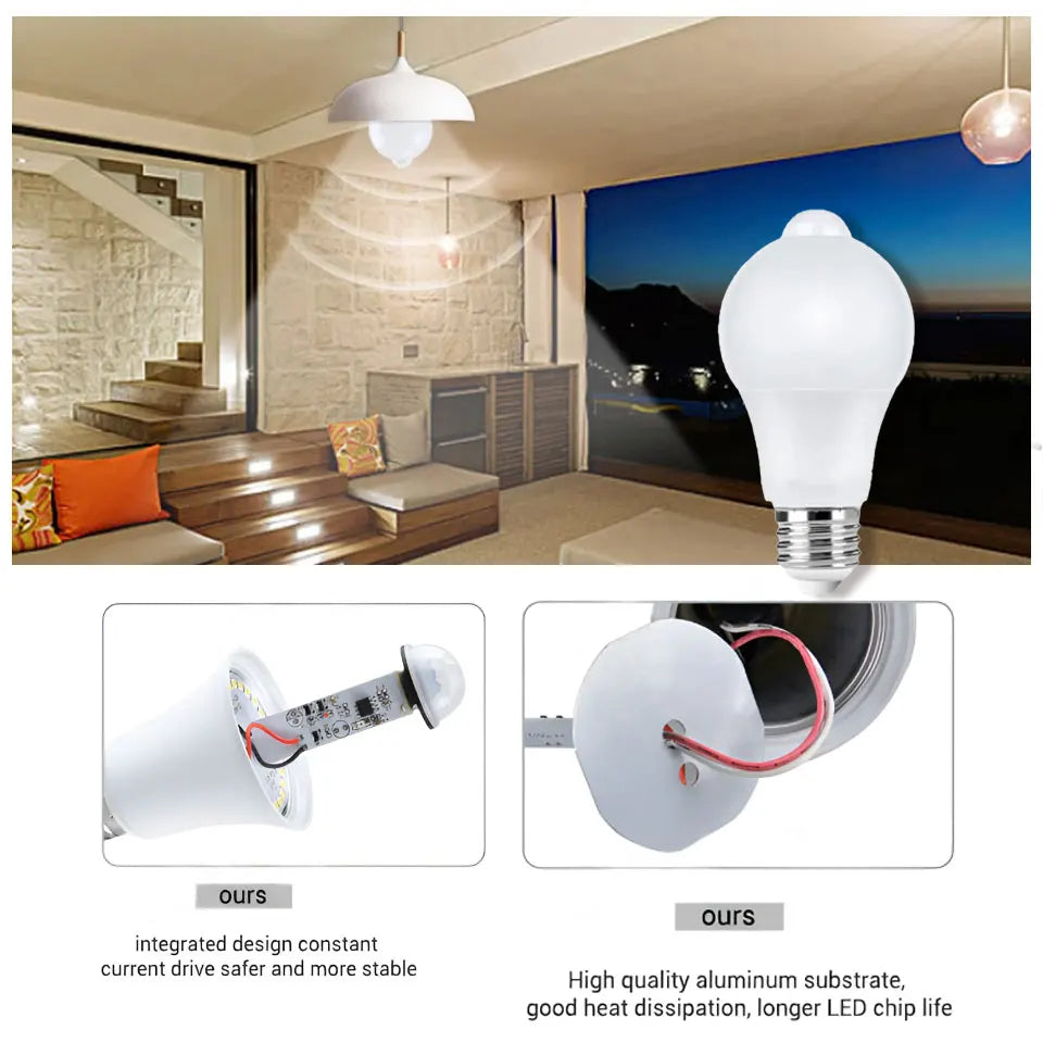 ampoules led detecuteur mouvement auto intelligent infrarouge blanc mat moderne e27 6w 9w 12w