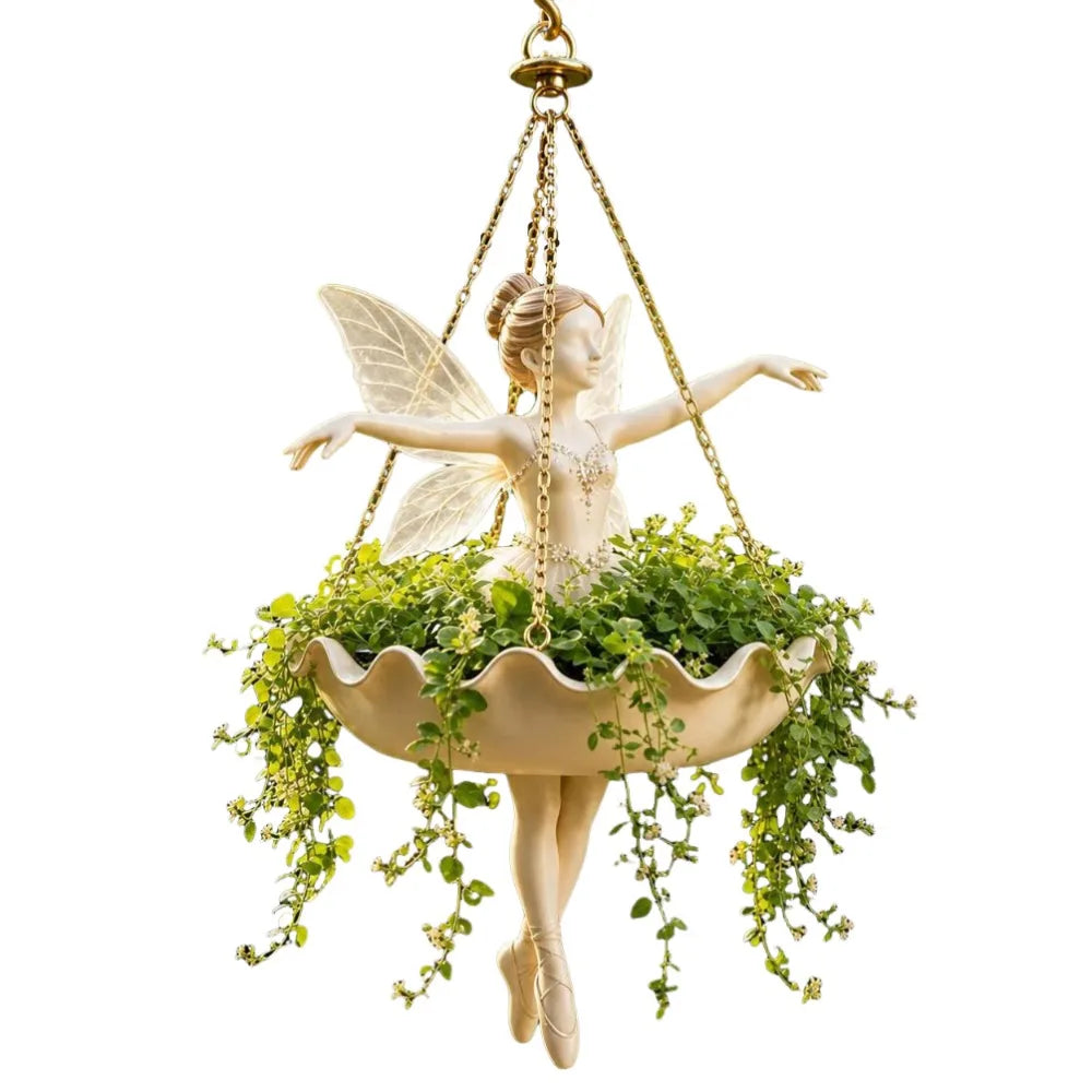 cache pot suspendu résine feuilles vertes figurine sirène classique romantique oiseau doré decoration plantes