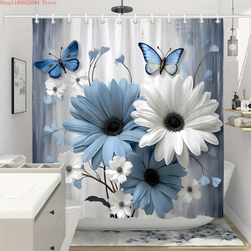 rideau douche polyester bleu blanc fleurs papillons moderne opale crochets facile installer respectueux environnement