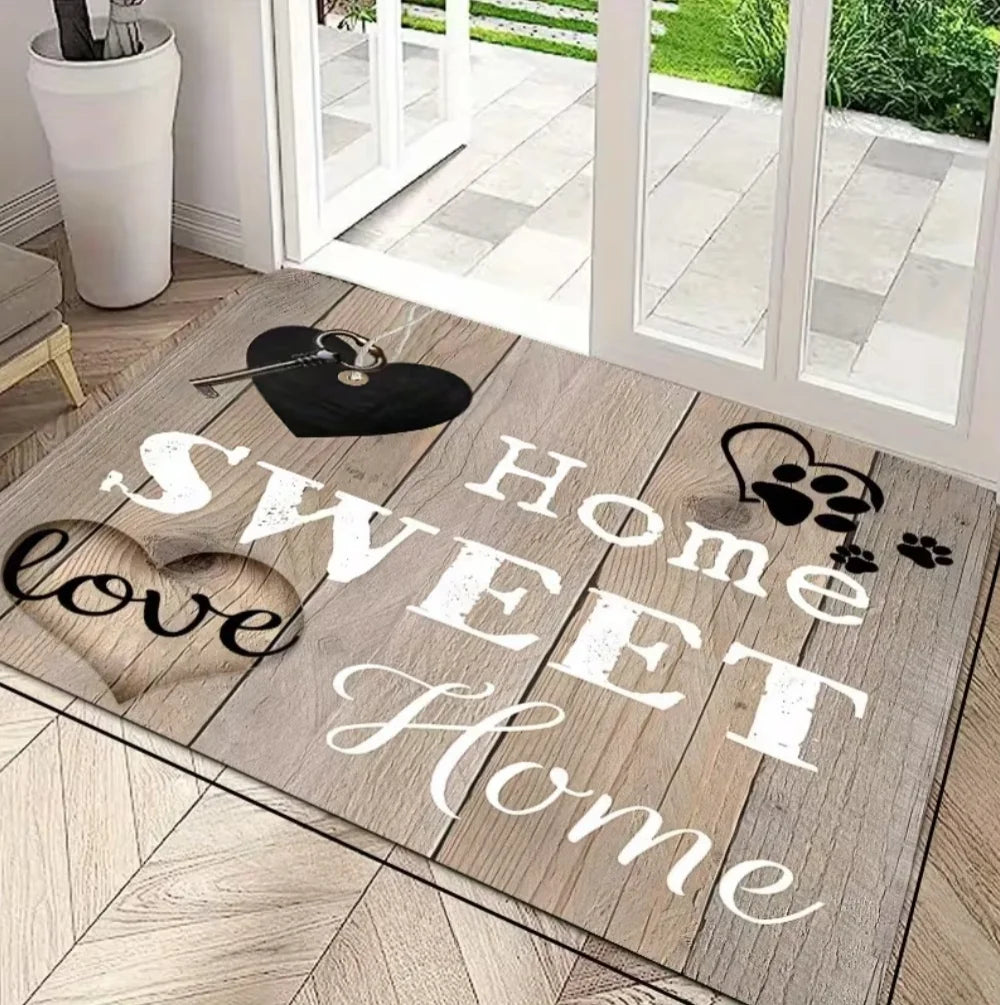 tapis d'entrée moderne lettres coeurs bienvenue gris marron noir rose blanc