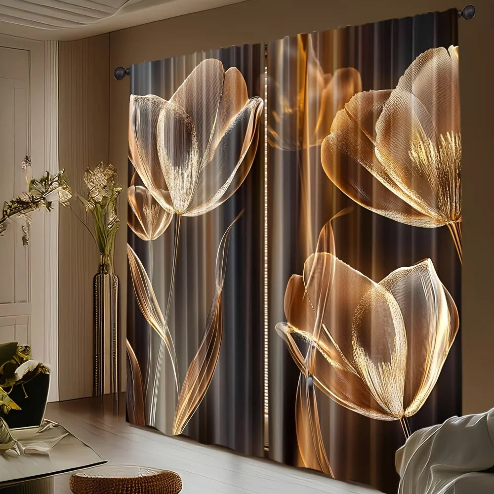 rideaux imprimés fleurs dorées fond noir contemporains élégants salon chambre coucher opaques polyester
