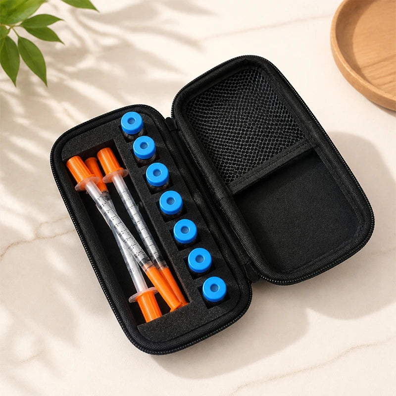 boîte rangement insuline huiles essentielles pochettes alcool seringues coton tige portable pratique noire