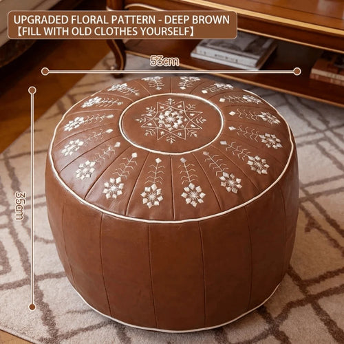pouf boho chic patchwork motifs géométriques marron clair rouge bleu noir rond