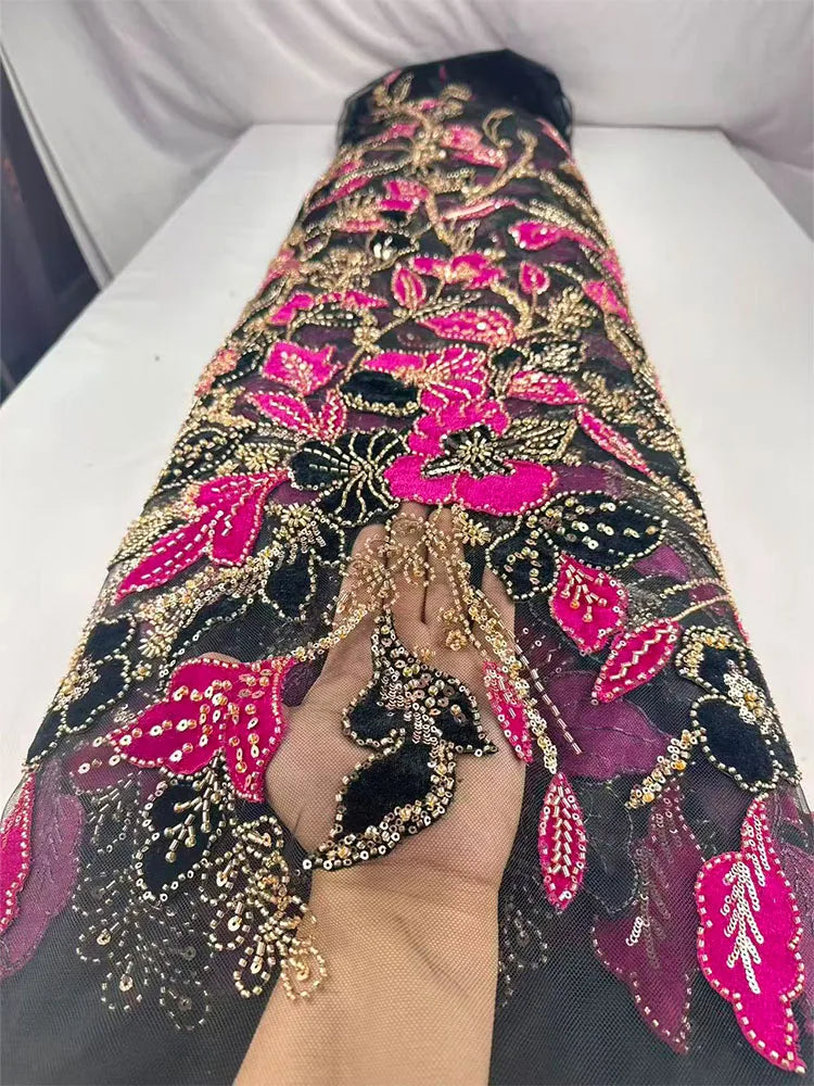 tissu dentelle fleurs broderie paillettes polyester coton mariage translucide violet bleuclair rouge gris marron