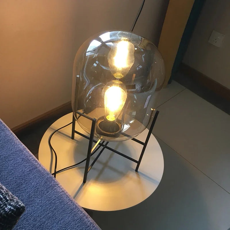 lampe table moderne verre fumé interrupteur bouton acier noir éclairage intérieur chambre salon