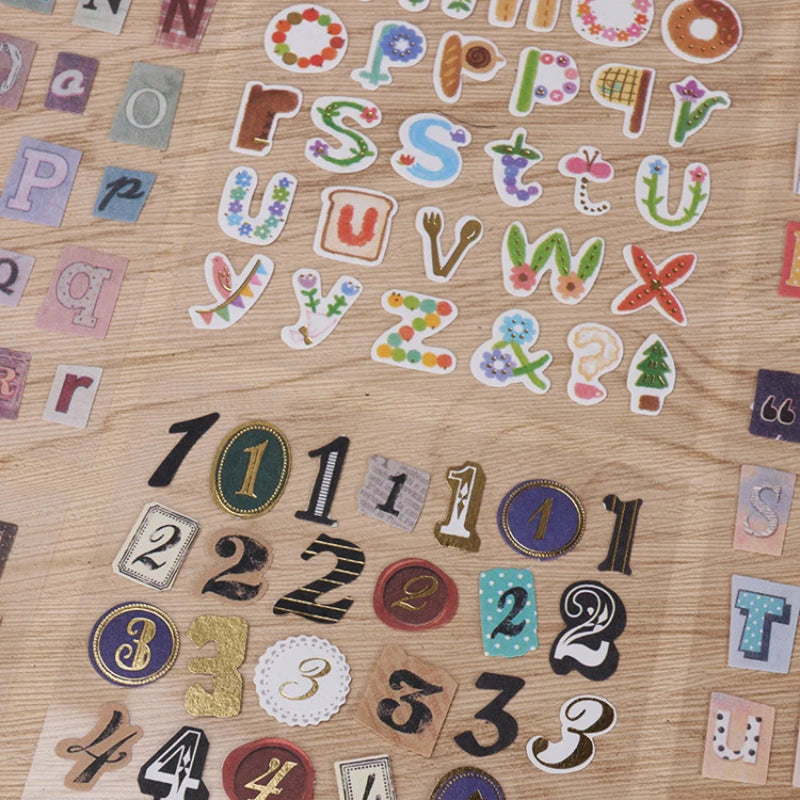autocollants vintage multicolores lettres chiffres symboles transparents bricolage scrapbooking décoration journal materiaux set six