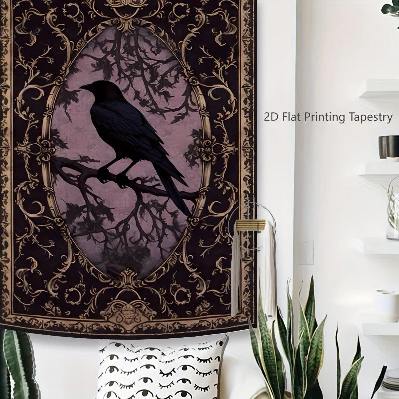 tapisserie gothique corbeau noir violet beige motif floral ornemental rectangle lavable maison chambre studio