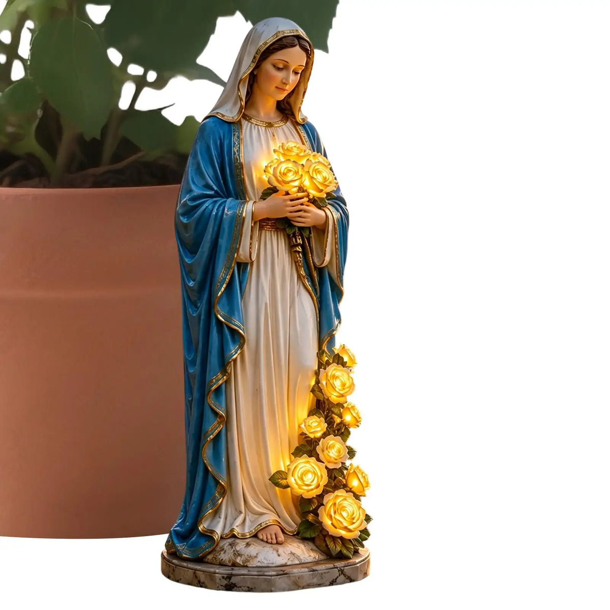 statue religieuse bleu blanc doré robe ornée roses classique extérieur jardin patio