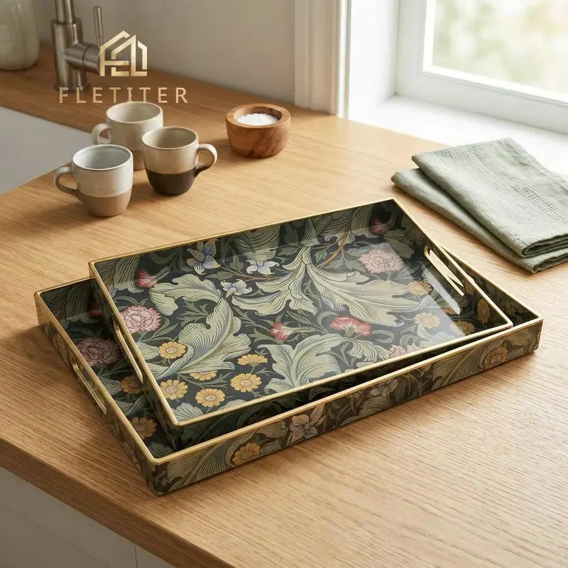 plateau rangement vintage plastique bleu marine motif floral poignées métalliques décoration intérieure classique