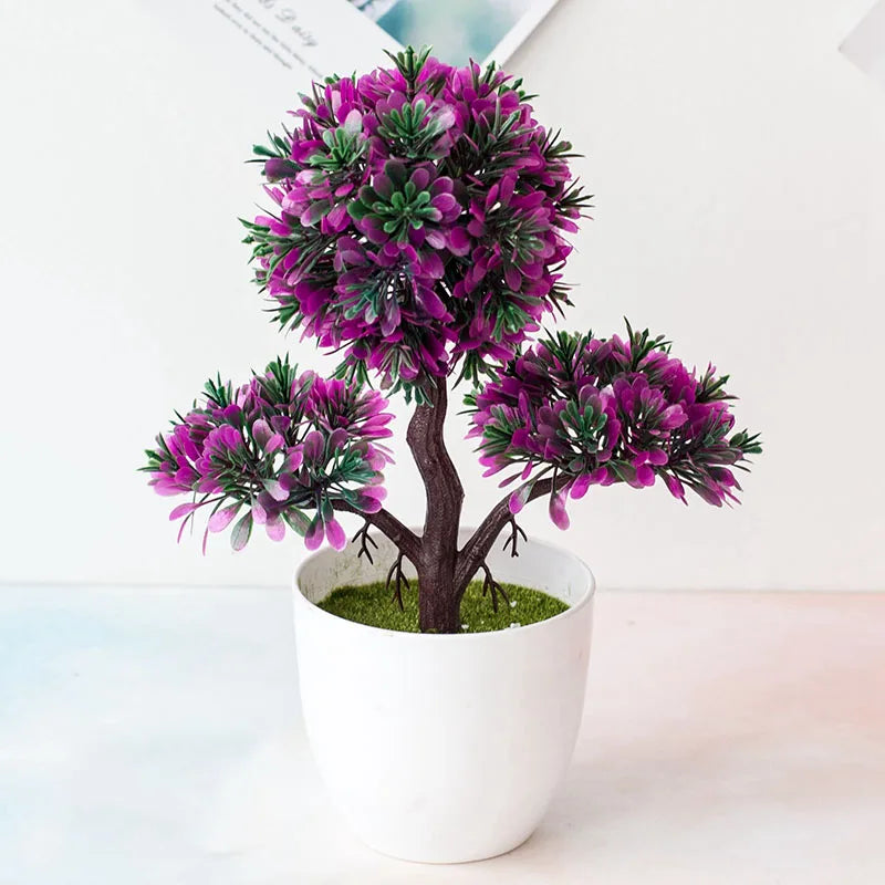 plantes artificielles bonsaï rouge vert rose fleurs simples feuilles fines pot gravier décoration extérieur