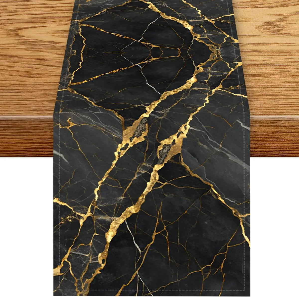 chimene table lin imitation marbre noir veines dorées moderne luxueux 184cm longueur 34cm largeur