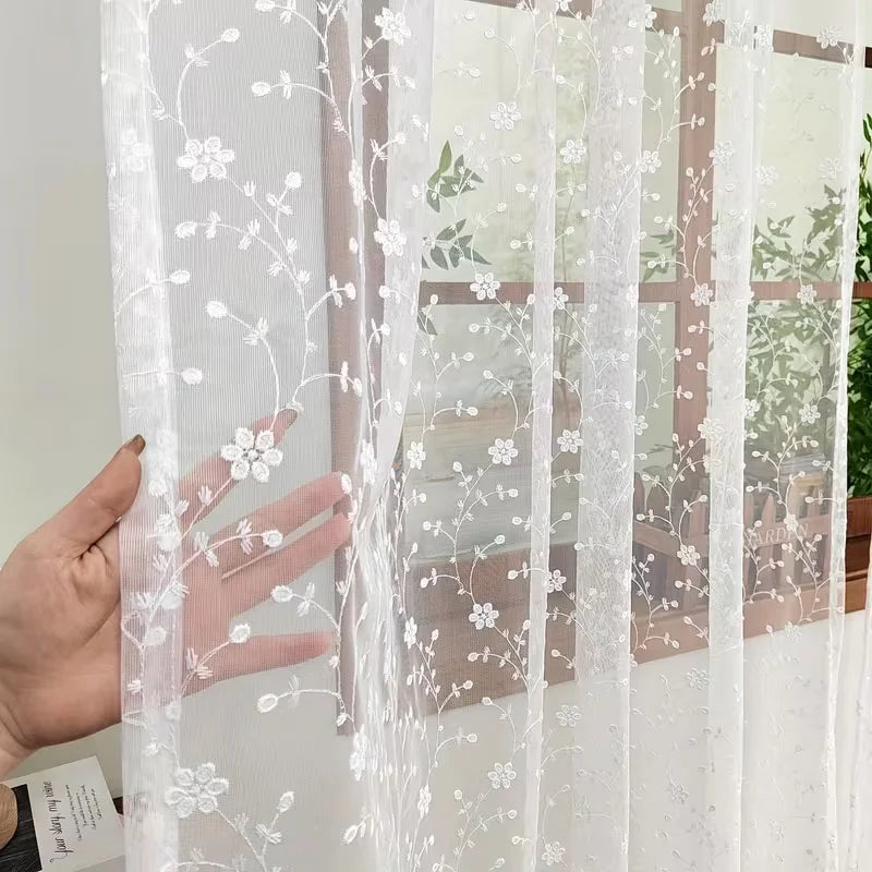 rideau transparent dentelle brodée fleurs pastoral blanc maison salon chambre patioextérieur