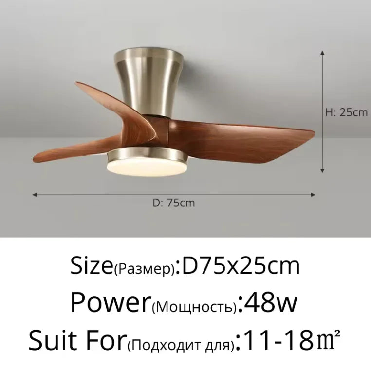 ventilateur moderne led télécommande lumière marron bois pales argentées minimaliste