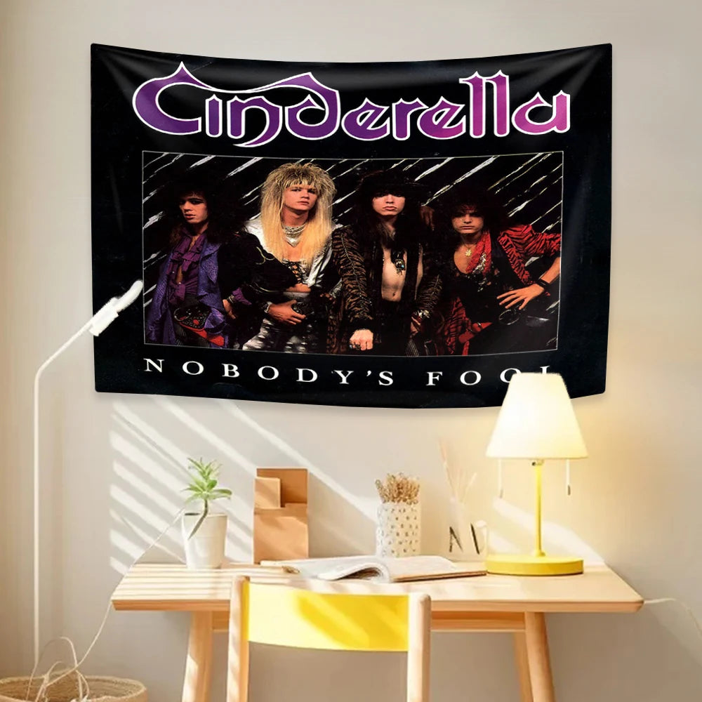 tapisserie vintage rock groupe musical Cinderella Nobody's Fool 1986 chambre noir blanc bleu rouge