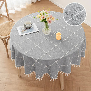 nappe table beige clair tissu lin motif géométrique pompons bordure rustique décoration halloween noël